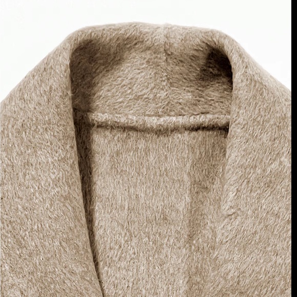 Taupe luxurious fair fur trim sleeve cuffs belted jacket coat - Picture 4 of 5